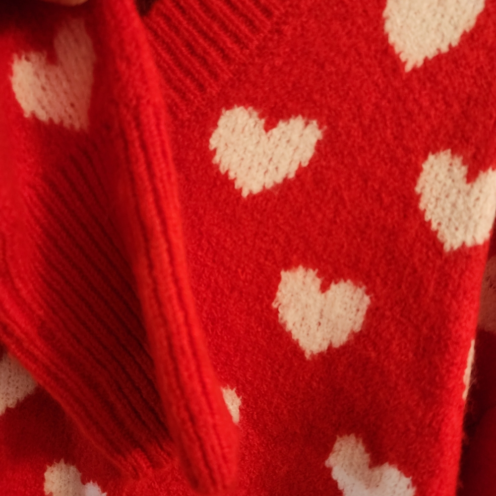 CeCe Red V-Neck Sweater with White Heart Pattern - Picture 5 of 6